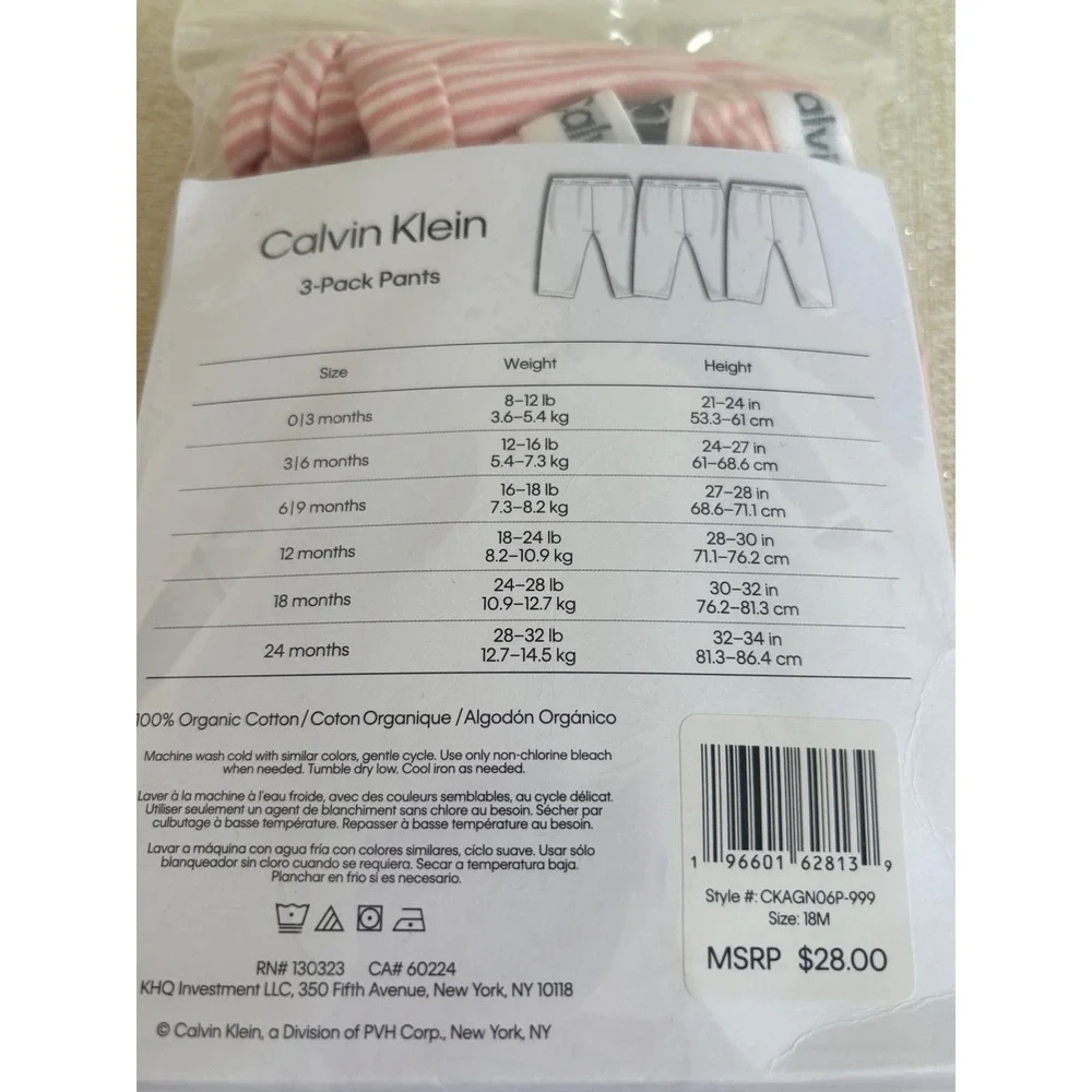 Calvin Klein Kids 18‎ month 3-Pack Organic Cotton Pink Striped Pants NEW